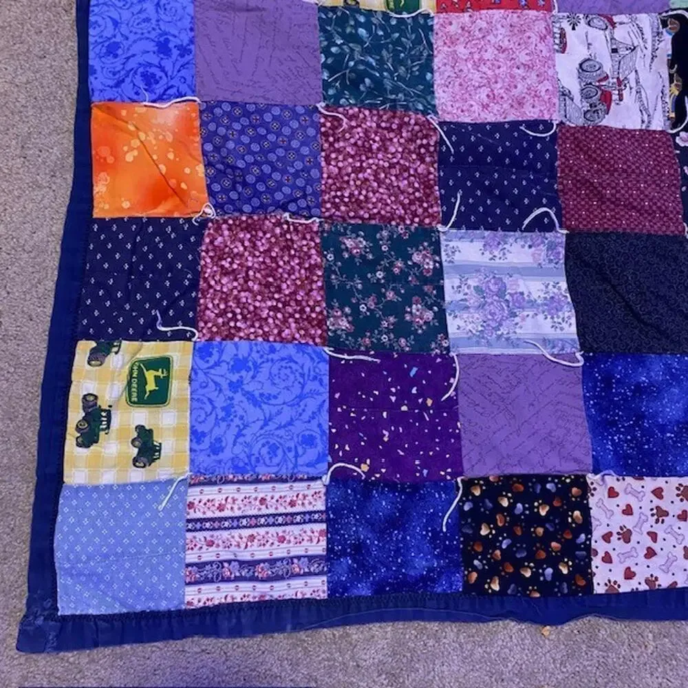Vintage Handmade Patchwork Postage Stamp Quilt 48x48 Blue Colorful Unisex